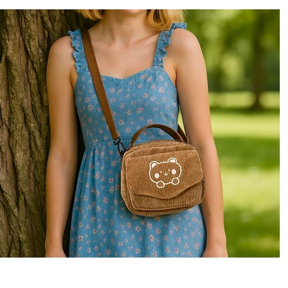 Cute Bear Corduroy Crossbody Bag Small‎ Shoulder Purse for Women Kids